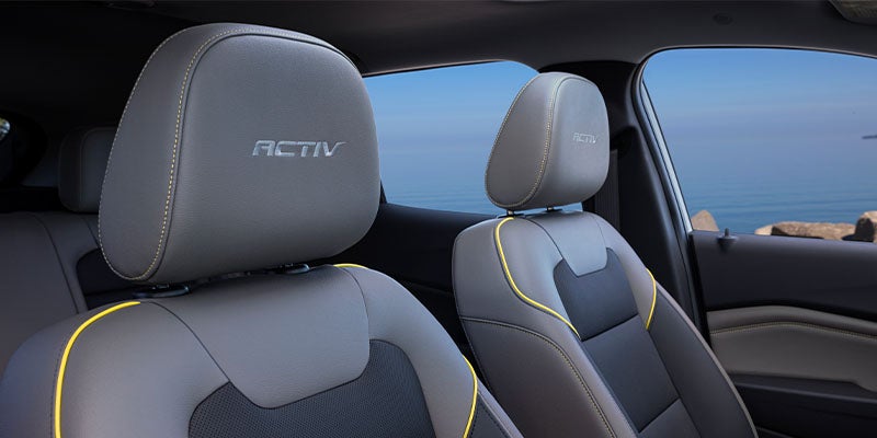 Front seats of the 2024 Chevrolet Trax with "ACTIV" branding