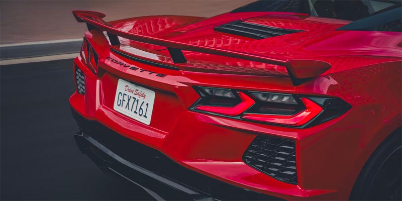 Rear view of the 2025 Chevrolet Corvette Stingray showcasing its taillights and exhaust