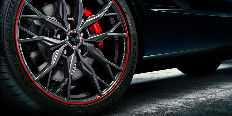 Close-up of the wheel and brake caliper of the 2025 Chevrolet Corvette Stingray