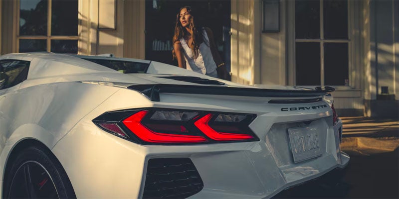 Close-up of the rear badge and taillights of the 2025 Chevrolet Corvette Stingray