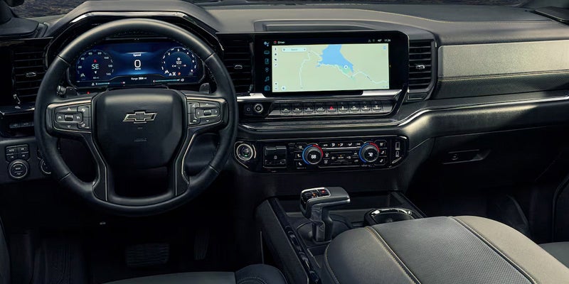 The interior view of the Chevrolet Silverado's dashboard and infotainment system