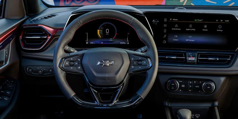 Close-up interior view of the 2025 Chevrolet Trailblazer steering wheel
